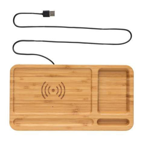 10W wireless fast charger with desk organiser made with RCS (Recycled Claim Standard) certified recycled ABS. Total recycled content: 5% based on total item weight (including bamboo base) The bamboo exterior of the organiser is fully made from FSC 100 bamboo. Including 120 cm type C charging cable made from RCS certified recycled TPE. Packed in FSC mix kraft box. Type-C Input 5V/2A; 9V/1.67A. Wireless output 5V/1A;9V/1.1A (10W)<br /><br />WirelessCharging: true<br />PVC free: true