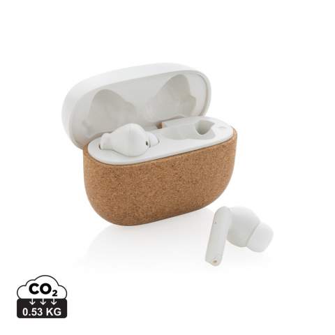 Elegant design wireless earbuds made with FSC® 100% cork and RCS (Recycled Claim Standard) certified recycled ABS. Total recycled content: 35% based on total item weight. RCS certification ensures a completely certified supply chain of the recycled materials.The perfectly fitting earbuds have a 35 mAh battery and can be re-charged in the 300 mAh charging case within 1.5 hours. With auto pairing function so easy to pair to your mobile device. Playing time on medium volume about 3 hours. With BT 5.3 for optimal connection. Operating distance up to 10 meters. With pick up and mic. Including 3 size silicone ear tips. Including RCS certified recycled TPE charging cable. Packed in FSC® mix kraft packaging. Item and accessories 100% PVC free.<br /><br />HasBluetooth: True<br />PVC free: true