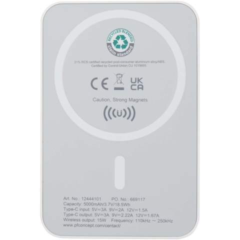 Charge smarter and faster with the compact Acrab 5000 mAh power bank, made from recycled plastic. Enjoy up to 15W magnetic wireless charging for compatible smartphones, including iPhone 12 and newer. For other wireless charging-enabled devices without magnetic function, a metal ring sticker is included for secure alignment. The power bank also supports 20W wired Type-C fast charging, and the ability to charge two devices at once (wireless and wired), making it perfect for staying powered up on the go. A LED indicator keeps you updated on the charging/battery status.