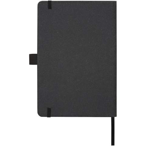 A5 notitieboek met bamboe omslag en rug van gebonden leer. Bevat 80 vellen, 80 g/m2 gelinieerd gerecycled papier en een zwarte penlus, elastische band en een lintmarker.