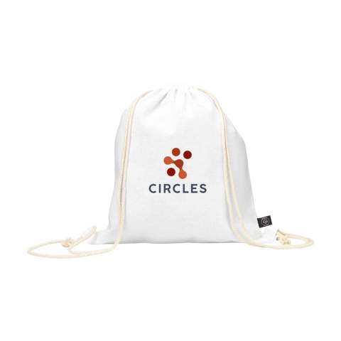 WoW! Drawstring backpack made from 80% recycled cotton and 20% recycled polyester (150 g/m²). GRS-certified. Total recycled material: 100%. Capacity approx. 7 litres.