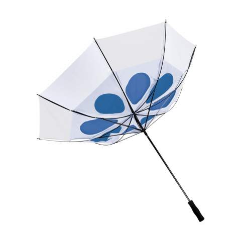 Luxury double-layer golf umbrella with 190T polyester and 190T nylon canopy, storm function, wind breaker system, fibreglass frame and handle, padded soft foam handle and double velcro strap closure. In a pouch.