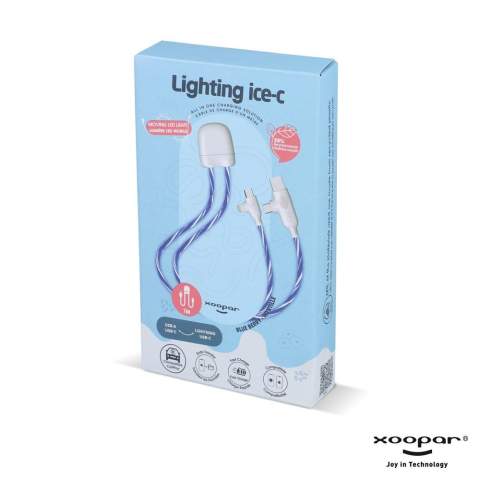 De Xoopar Light up oplaadkabel, 2x 50cm lang, biedt naadloos laden en CarPlay-functionaliteit. Dubbele in-/uitgang, tot 27W snel laden. LED-snelheid geeft laadsnelheid aan. Van gerecycled plastic.