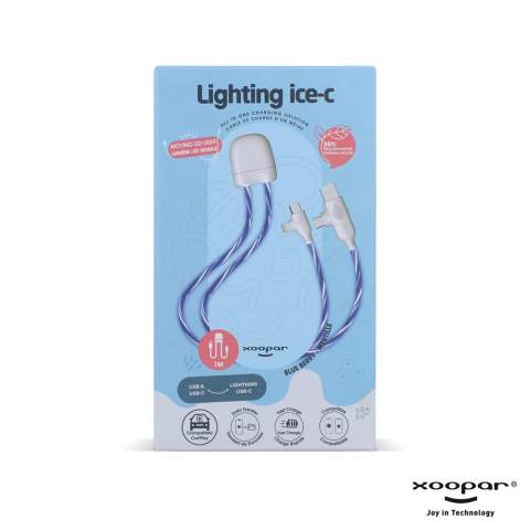 De Xoopar Light up oplaadkabel, 2x 50cm lang, biedt naadloos laden en CarPlay-functionaliteit. Dubbele in-/uitgang, tot 27W snel laden. LED-snelheid geeft laadsnelheid aan. Van gerecycled plastic.