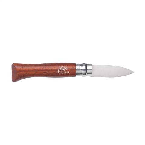 Pocket-sized oyster knife from the Opinel brand. The short, strong and pointed blade, made from stainless steel, is only sharp at the tip. Very useful for opening hollow and flat oysters. The handle is made from Padouk hardwood and is resistant to moisture. When opened, the knife has a length of 18 cm and is secured with a Virobloc® system lock. Includes a booklet with tips & tricks. Made in France. Please note local rules may apply regarding the possession and/or carrying of knives or multitools in public. Each item is individually boxed.