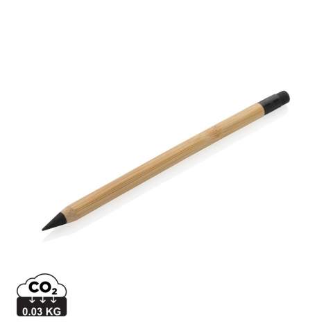 This infinity pencil with eraser replaces your traditional wooden pencil. Traditional wooden pencils write only up to around 200 metres, but this FSC® bamboo infinity pencil, has a writing length of up to around 20.000 metres using a graphite tip to produce a graphite line. Not only does it write like a pencil, but the markings can be erased. It works by leaving a graphite line on paper just like a regular traditional wooden pencil but it wears down so slowly, that it should outlast up to 100 traditional wooden pencils!