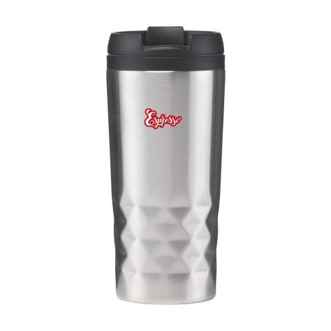 Double-walled, leak-proof stainless steel thermo cup with screw cap, click opening. PP inner wall. With distinctive 3D geometric diamond pattern on the holder. Non slip base. Capacity 300 ml. Each item is individually boxed.