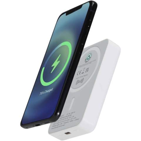 Charge smarter and faster with the compact Acrab 10.000 mAh power bank, made from recycled plastic. Enjoy up to 15W magnetic wireless charging for compatible smartphones, including iPhone 12 and newer. For other wireless charging-enabled devices without magnetic function, a metal ring sticker is included for secure alignment. The power bank also supports 20W wired Type-C fast charging, and the ability to charge two devices at once (wireless and wired), making it perfect for staying powered up on the go. A LED indicator keeps you updated on the charging/battery status.