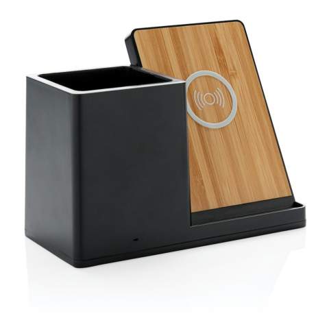 10W fast wireless charger with pen holder made with RCS (Recycled Claim Standard) certified recycled ABS. Total recycled content: 78% based on total item weight. RCS certification ensures a completely certified supply chain of the recycled materials. Bamboo wireless charging area made from FSC 100 bamboo. With two USB ports on the back to charge via cable. Wireless charging compatible with Android latest generations, iPhone 8 and up. Item and accessories PVC free. Including 120 cm type C charging cable made from RCS certified recycled TPE. Packed in FSC mix kraft box. Type-C Input 5V/2A; 9V/2A; Wireless output 5V/1A;9V/1.1A; (10W) Registered design®<br /><br />WirelessCharging: true<br />PVC free: true