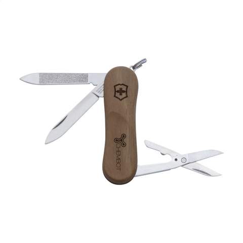 Original Swiss Victorinox pocket knife with a walnut handle, connecting plates made of hard-anodised aluminium and tools made of 100% recycled steel. 3-pieces with 5 functions: knife, file with wire stripper, scissors and key ring. Includes instruction manual and lifetime warranty on material and manufacturing defects. Victorinox knives are a worldwide symbol for reliability, functionality and perfection. Please note local rules may apply regarding the possession and/or carrying of knives or multitools in public. Each item is individually boxed.