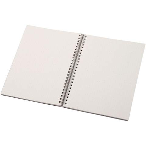 A5 size wire-o notebook made with responsibly sourced cover materials containing cotton waste (15%) and post-consumer recycled waste (40%). Includes 80 sheets, 80 g/m2 100% responsibly sourced recycled paper with a dotted grid. The dotted layout combines the advantages of lined, plain and squared pages, providing structure and stimulating creativity at the same time, making this notebook suitable for a wide range of users. Thanks to the spiral, the notebook can lie flat for convenience and can be folded easily. Made in Italy.