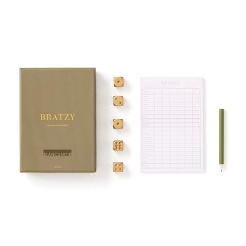 This is Yatzy in a luxurious packaging! With golden dices, and an equally exclusive pencil, we jack up Yatzy to Bratzy. This game is delivered in a stylish box, with a golden text printed on it, which makes it both fun to give away, and to use as a nice detail on the coffee table.