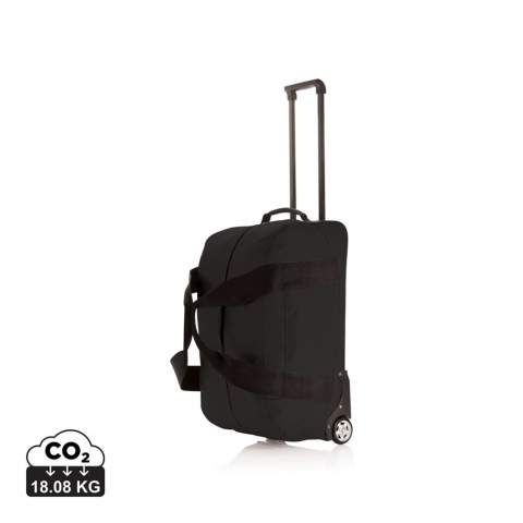 300D high density extra strong fabric. With extendable trolley system, silver coloured wheels and adjustable shoulder strap. One front pocket and one zipper closure main compartment.