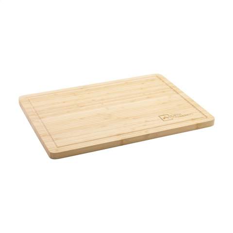 WoW! Chopping board made from sustainable bamboo. Generously sized board with a circular groove to collect meat or fruit juice that is released during cutting. This chopping board is treated with a vegetarian oil produced from soybeans. Bamboo is naturally antibacterial, hygienic and easy to clean. A responsible choice.  NOTE: Due to the natural grains and contours of bamboo, we cannot guarantee consistency in depth/colour of the engraving. Each item is supplied in an individual brown cardboard box.