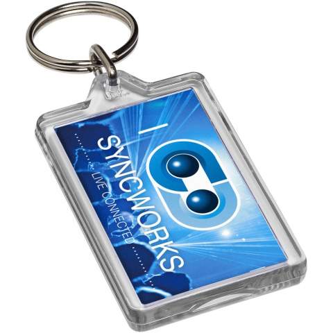Clear rectangular G1 keychain with metal split keyring. This keychain is reopenable with a coin. The metal looped ring offers a flat profile which is ideal for mailings. Print insert dimensions: 5,0 cm x 3,0 cm.
