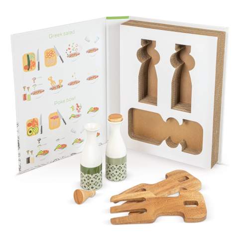 Deze verpakking in boekstijl design bevat een keramische set voor olie &amp; azijn en een set slaklauwen. Deze klauwen zijn geschikt voor het mixen van salades en het oppakken er van.  De bookstyle bevat ook twee recepten om compleet verschillende en populaire salades te maken.