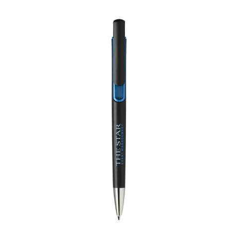 Kugelschreiber, blauschreibend mit mattschwarzer Gehäuse, markant gestylter Clip und  Farbakzent in Metalloptik. Schlankes Design.