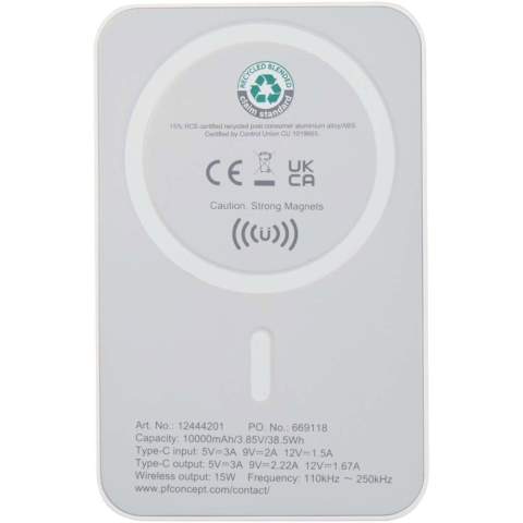 Charge smarter and faster with the compact Acrab 10.000 mAh power bank, made from recycled plastic. Enjoy up to 15W magnetic wireless charging for compatible smartphones, including iPhone 12 and newer. For other wireless charging-enabled devices without magnetic function, a metal ring sticker is included for secure alignment. The power bank also supports 20W wired Type-C fast charging, and the ability to charge two devices at once (wireless and wired), making it perfect for staying powered up on the go. A LED indicator keeps you updated on the charging/battery status.