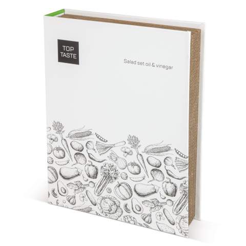 Deze verpakking in boekstijl design bevat een keramische set voor olie &amp; azijn en een set slaklauwen. Deze klauwen zijn geschikt voor het mixen van salades en het oppakken er van.  De bookstyle bevat ook twee recepten om compleet verschillende en populaire salades te maken.