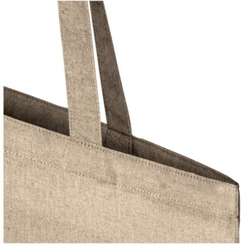 Tote made of 150 g/m² recycled cotton polyester blend with a dropdown handle length of 31 cm. Recycled cotton is manufactured from pre-consumer waste generated by textile factories during the cutting process. Similar colours are blended together so no additional dyeing is required. Due to the nature of recycled cotton, there may be a very slight colour variation. This feature distinctly adds to a more authentic appearance.This bag folds easily to fit in a small space. The perfect companion for a variety of activities like grocery shopping, day trips or craft projects. Resistance up to 5 kg weight.
