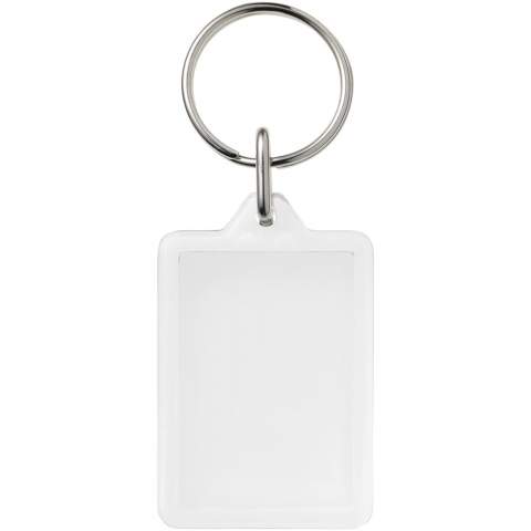 Clear rectangular Y1 keychain with metal split keyring. The metal looped ring offers a flat profile which is ideal for mailings. Print insert dimensions: 3,5 cm x 2,4 cm.