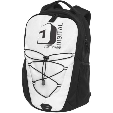 A mix of an outdoor and daily backpack with coloured facing and elastic cord with reflective accents on the front panel. Features two external water bottle meshed pockets, front compartment with several small divisions, a hook for easy storage, and a 12" tablet sleeve. The backpack has a padded reinforced handle and a comfortable padded back. Fits a 15.6" laptop in a padded sleeve inside the main compartment.