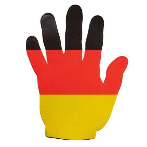 Grote evenementenhand in de kleuren van de Duitse vlag met een aanzienlijk bedrukkingsoppervlak. Het unieke formaat van deze hand zorgt voor een opvallende verschijning. 