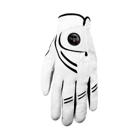 n fiber soft golf glove with leather insert on thumb and part of palm for optimal grip and durability, with magnetic ball marker with doming