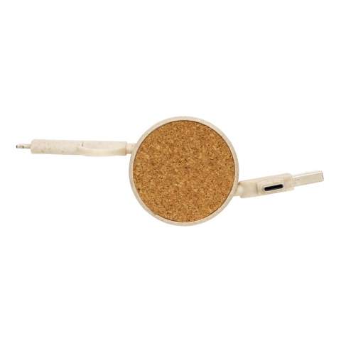 Unique design retractable cable that allows you to charge any type of item from any type of USB source. Made from cork and wheat straw (35%) mixed with ABS and PVC free TPE cable.  The cable is perfect for newer generation phone chargers and macbook computers that only have type C output because of the type C input. The cable also has a regular USB A input.  Output: type C and double-sided connector for IOS and Android devices. Max cable length: 100 cm. Item 100% PVC free.<br /><br />PVC free: true