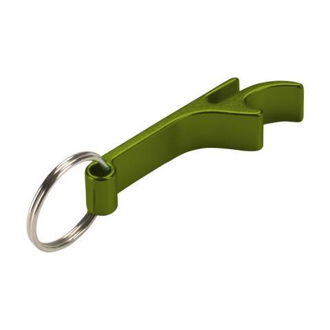 Schlüsselanhänger mit Öffner aus Aluminium.