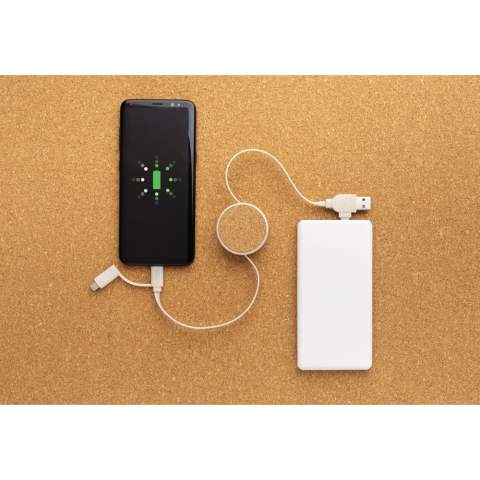Câble rétractable fabriqué à partir de liège et fibre de paille de blé (35%) mélangé avec de l’ABS, qui vous permet de charger tout type d'article à partir de n'importe quelle source USB. L'entrée type C, est parfait pour les chargeurs de téléphone et les ordinateurs MacBook de nouvelle génération. Le câble possède également une entrée USB A ordinaire. Sortie : type C et connecteur double face pour les appareils IOS et Android. Longueur maximale du câble : 100 cm. Sans PVC.<br /><br />PVC free: true