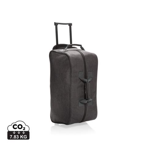 600D high density extra strong two tone polyester fabric. With extendable trolley system. One front pocket and one zipper closure main compartment.