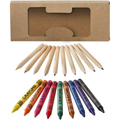 9 farbige Wachsmalstifte und 10 Buntstifte im Karton mit Kunststofffenster.