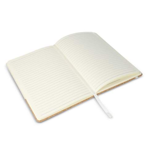 This notebook has a cover made of cotton and cork with 80 lined 70g/m² FSC-certified paper sheets. It includes an elastic band closure and a ribbon bookmark for added convenience.