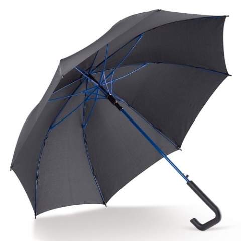 Parapluie droit avec une poignée au crochet. La monture colorée est en fibre de verre pour une résistance accrue.