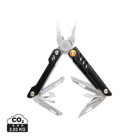 Ultra-strong tool with 13 functions. Packed in luxury gift box including high quality 1680D pouch. Aluminium material body and stainless steel tools. Tools included: Long nose pliers, standard pliers, wire cutters, serrated blade, bottle opener, large flat screwdriver, medium flat screwdriver, knife, file, phillips screwdriver, can opener,  small flat screwdriver, saw.