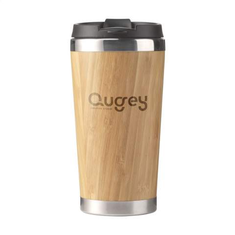 Double-walled, leak-proof, thermos cup. Made from stainless-steel with bamboo finish on the outside. Features a screw lid, click opening and non-slip base. Capacity 450 ml. Each item is individually boxed.