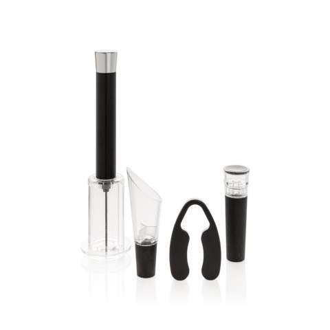 Mit dem Vino Connoisseur Set haben Sie alles was Sie zum Öffnen, Servieren und Lagern Ihres Lieblingsweins brauchen. Der Öffner, der Folienschneider, der Stopfen mit Vakuumpumpe sowie der Ausgießer mit Belüfter sind in einer schicken Box verpackt