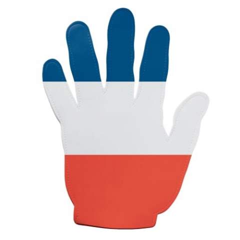 Grote evenementenhand in de kleuren van de Franse vlag met een aanzienlijk bedrukkingsoppervlak. Het unieke formaat van deze hand zorgt voor een opvallende verschijning. 