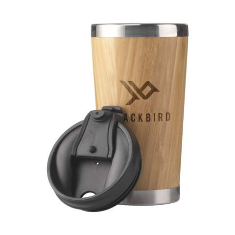 Double-walled, leak-proof, thermos cup. Made from stainless-steel with bamboo finish on the outside. Features a screw lid, click opening and non-slip base. Capacity 450 ml. Each item is individually boxed.