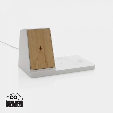 15W 3-in-1 fast wireless charger with pen holder made with RCS (Recycled Claim Standard) certified recycled ABS. Total recycled content: 75% based on total item weight. RCS certification ensures a completely certified supply chain of the recycled materials. Bamboo wireless charging area made from FSC 100% bamboo. With dual coil 15W charger and one 5W charger for other wireless chargeable items like earbuds and 2.5W watch charger. With one USB A port and one USB C on the back to charge via cable. Wireless charging compatible with Android latest generations, iPhone 8 and up. Item and accessories PVC free. Including 120 cm type C charging cable made from RCS certified recycled TPE. Packed in FSC mix kraft box. 9V/3A; W: 9V/1.1A; 9V/1.67 A/(15W), Earbuds: 5V/1A (5W), Watch: 5V/0.5A (2.5W), USB/Type-C output: 5V / 2.1A . Registered design®<br /><br />WirelessCharging: true<br />PVC free: true