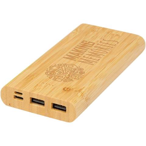 Die 10.000-mAh-Powerbank ist aus Bambus gefertigt und verfügt über einen EIN/AUS-Touch-Button und 4 LED-Anzeigen für die verbleibende Batteriekapazität. Micro-USB-Eingang 5V/2A, Typ-C-Eingang 5V/3A, Typ-C-Ausgang 5V/3,1A max, dualer USB-A-Ausgang 5V/3,1A max, Gesamtleistung 15,5 W. Geliefert mit einem 30 cm langen TPE-3A-Typ-C-auf-Typ-C-Ladekabel, einer Bedienungsanleitung und einer Geschenkbox aus Kraftpapier. Da es sich bei Bambus um ein Naturprodukt handelt, kann es bei den Artikeln zu leichten Farb- und Größenabweichungen kommen, die sich auf das endgültige Ergebnis der Werbeanbringung auswirken können. 