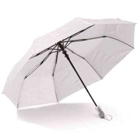 Beau parapluie pliable avec manche et poignée au design ergonomique. Les nervures du cadre sont en fibre de verre pour une durabilité accrue. Le cadre noir contraste agréablement avec le baldaquin blanc.
