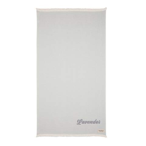Our most luxurious and versatile towel. The perfect travel companion in any circumstance.  This towel contains 22% recycled cotton and is super soft and silky to the touch. With AWARE™ tracer that validates the genuine use of recycled cotton. You can use it for almost anything, such as the beach, travelling, sauna, swimming pool, camping, sports, as a beach towel, bath towel, scarf, pareo, yoga towel, blanket, as a wrap for your child - you name it. Perfect for sofas and dressing beds, the Hisako throws are also wonderful for sunbathing on or using as a machine-washable picnic blanket. These four seasons hammam towels are quick-drying, mould resistant and incredibly easy to clean making them a brilliant choice for allergy sufferers, red wine lovers and beachgoers. 2% of proceeds of each Impact product sold will be donated to Water.org. Machine washable. Made in Portugal.