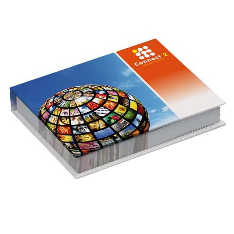 Upgrade de combi notes met een harde omslag voor een hoogwaardig zakelijk geschenk voor een geweldige prijs. Bevat 100 vellen (80 g/m2) sticky notes, formaat: 100x75 mm en 25 vellen (80 g/m2) sticky notes, formaat: 50x75mm Bevat 5 setjes 20 neonkleurige bladwijzers. Omslag is digitaal bedrukt met glanzende of matte laminering.