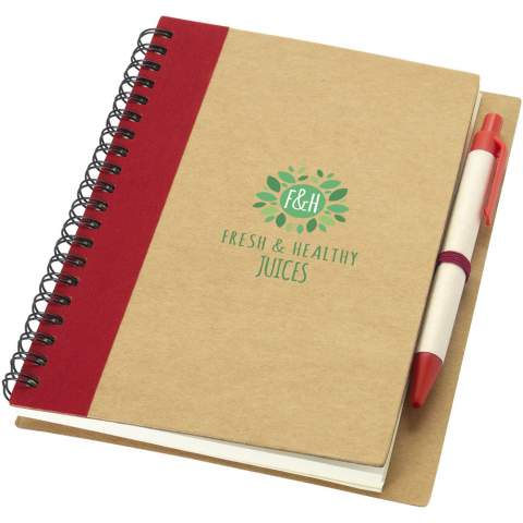 Notitieboek met omslag van gerecycled papier met 60 vellen gerecycled lijntjespapier en bijpassende pen. Notitieboek en pen samen verpakt.