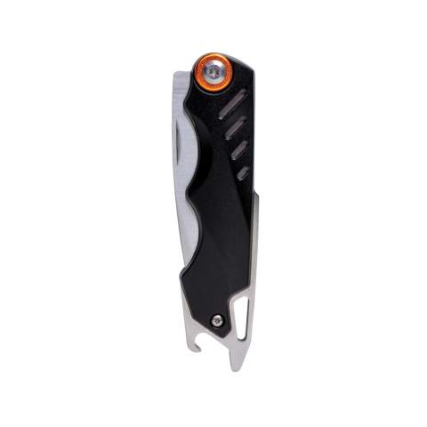 Ultra-strong knife with 4 functions. Packed in luxury gift box including high quality 1680D pouch. Aluminium material body and stainless steel tools. Tools included: Foldable blade, liner lock, belt clip, bottle opener.