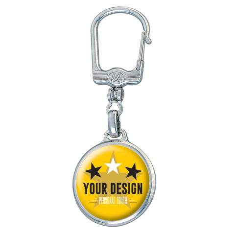 Metalen ronde sleutelhanger, mat zilver met clip. Met dubbelzijdige doming.