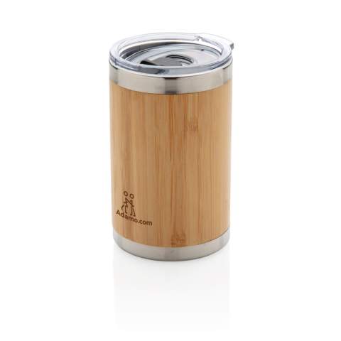 This unique bamboo coffee tumbler comes with 304 foodgrade and rustproof stainless steel interior walls and organic bamboo exterior. Perfect size to fit most coffee machines. Keep your drinks hot for up to 3h and cold for up to 6h. Content: 270 ml.<br /><br />HoursHot: 3<br />HoursCold: 6
