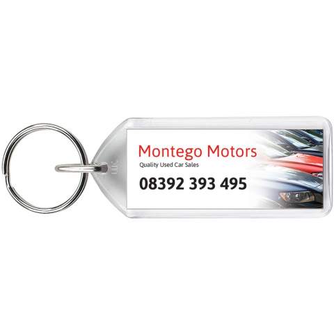 Clear rectangular F1 keychain with metal split keyring. This keychain is reopenable with a coin. The metal looped ring offers a flat profile which is ideal for mailings. Print insert dimensions: 5,0 cm x 2,0 cm.